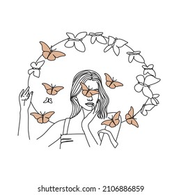Woman face with butterfly and flowers. Line art female hands with butterflies. One line vector drawing. Portrait minimalistic style. Botanical print. Nature symbol of cosmetics.