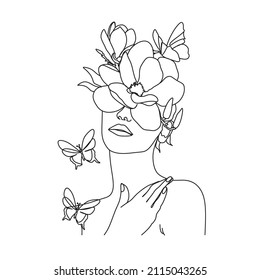 Woman Face Butterfly Flowers Line Art Stock Vector (Royalty Free ...