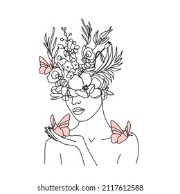 Woman face with butterfly and flowers. Line art female hands with butterflies. One line vector drawing. Portrait minimalistic style. Botanical print. Nature symbol of cosmetics.