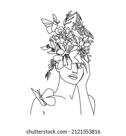 Woman face with butterfly and flowers. Line art female hands with butterflies. One line vector drawing. Portrait minimalistic style. Botanical print. Nature symbol of cosmetics.
