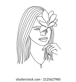 Woman face with butterfly and flowers. Line art female hands with butterflies. One line vector drawing. Portrait minimalistic style. Botanical print. Nature symbol of cosmetics.