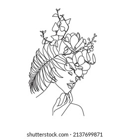 Woman face with butterfly and flowers. Line art female hands with butterflies. One line vector drawing. Portrait minimalistic style. Botanical print. Nature symbol of cosmetics.