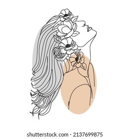 Woman face with butterfly and flowers. Line art female hands with butterflies. One line vector drawing. Portrait minimalistic style. Botanical print. Nature symbol of cosmetics.