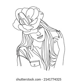 Woman face with butterfly and flowers. Line art female hands with butterflies. One line vector drawing. Portrait minimalistic style. Botanical print. Nature symbol of cosmetics.