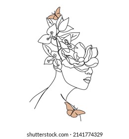 Woman face with butterfly and flowers. Line art female hands with butterflies. One line vector drawing. Portrait minimalistic style. Botanical print. Nature symbol of cosmetics.