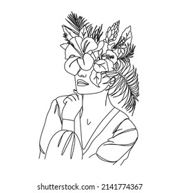 Woman face with butterfly and flowers. Line art female hands with butterflies. One line vector drawing. Portrait minimalistic style. Botanical print. Nature symbol of cosmetics.