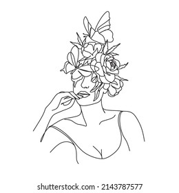 Woman face with butterfly and flowers. Line art female hands with butterflies. One line vector drawing. Portrait minimalistic style. Botanical print. Nature symbol of cosmetics.