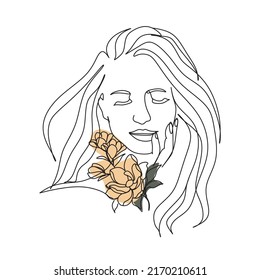 Woman face with butterfly and flowers. Line art female hands with butterflies. One line vector drawing. Portrait minimalistic style. Botanical print. Nature symbol of cosmetics.