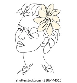 Woman face with butterfly and flowers. Line art female hands with butterflies. One line vector drawing. Portrait minimalistic style. Botanical print. Nature symbol of cosmetics.