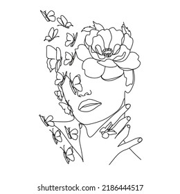 Woman face with butterfly and flowers. Line art female hands with butterflies. One line vector drawing. Portrait minimalistic style. Botanical print. Nature symbol of cosmetics.
