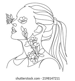 Woman face with butterfly and flowers. Line art female hands with butterflies. One line vector drawing. Portrait minimalistic style. Botanical print. Nature symbol of cosmetics.