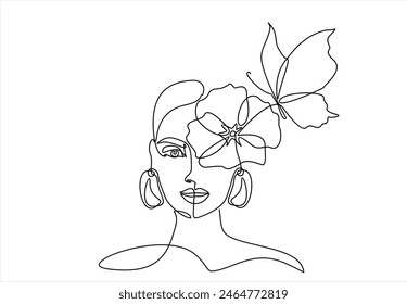 Woman face with butterfly and flowers. Line art female face with butterfly. Continuous One line vector drawing. Portrait minimalistic style. Botanical print. Nature symbol of cosmetics.