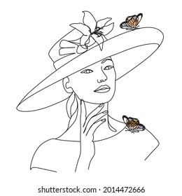 Woman face with butterfly.One iine vector art hands with butterflies. Abstract face with butterfly by one line drawing. Portrait minimalistic style. Botanical print. Nature symbol of cosmetics. 