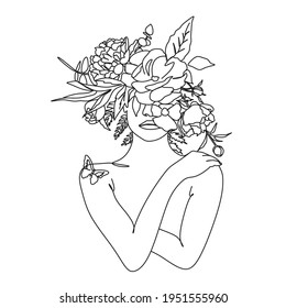 Woman face with butterfly. Line art female hands with butterflies. Abstract face with butterfly by one line drawing. Portrait minimalistic style. Botanical print. Nature symbol of cosmetics. 