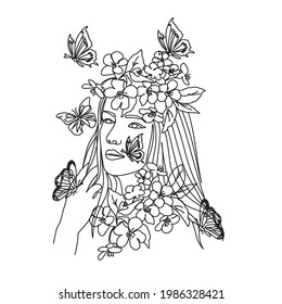 Woman face with butterfly. Line art female hands with butterflies. Abstract face with butterfly by one line drawing. Portrait minimalistic style. Botanical print. Nature symbol of cosmetics. 