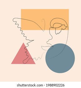 Woman face with butterfly. Line art female hands with butterflies. Abstract face with butterfly by one line drawing. Portrait minimalistic style. Botanical print. Nature symbol of cosmetics.