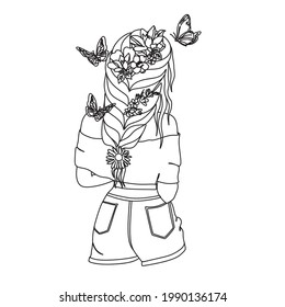 Woman face with butterfly. Line art female hands with butterflies. Abstract face with butterfly by one line drawing. Portrait minimalistic style. Botanical print. Nature symbol of cosmetics. 
