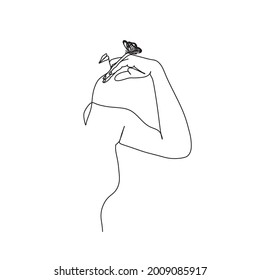 Woman face with butterfly. Line art female hands with butterflies. Abstract face with butterfly by one line vector drawing. Portrait minimalistic style. Botanical print.Nature symbol of cosmetics. 