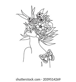 Woman face with butterfly. Line art female hands with butterflies. Abstract face with butterfly by one line drawing. Portrait minimalistic style. Botanical print. Nature symbol of cosmetics. 