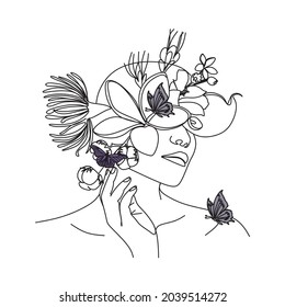 Woman face with butterfly. Line art female hands with butterflies. Abstract face with butterfly by one line drawing. Portrait minimalistic style. Botanical print. Nature symbol of cosmetics. 