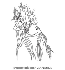 Woman face with butterfly. Line art female hands with butterflies. Abstract face with butterfly by one line vector drawing. Portrait minimalistic style. Botanical print. Nature symbol of cosmetics. 