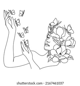 Woman face and butterfly  Line art female hands and butterflies  Abstract face and butterfly by one line vector drawing  Portrait minimalistic style  Botanical print  Nature symbol cosmetics  