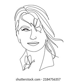 Woman face with butterfly. Line art female hands with butterflies. One line vector drawing. Portrait minimalistic style. Botanical print. Nature symbol of cosmetics.