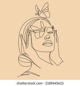 Woman face with butterfly. Line art female hands with butterflies. Abstract face with butterfly by one line vector drawing. Portrait minimalistic style. Botanical print. Nature symbol of cosmetics. 