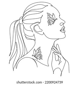 Woman face with butterfly. Line art female hands with butterflies. One line vector drawing. Portrait minimalistic style. Botanical print. Nature symbol of cosmetics.