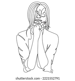 Woman face with butterfly. Line art female hands with butterflies. One line vector drawing. Portrait minimalistic