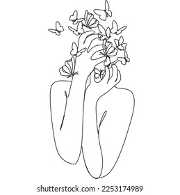 Woman face with butterfly. Line art vector. Abstract face with butterfly by one line drawing. Portrait minimalistic style. Botanical print. Nature symbol of cosmetics. 
