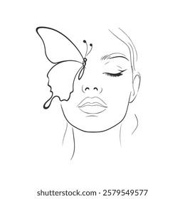 Woman Face with Butterfly Line Art Drawing. Female Head Creative Contemporary Sketch Drawing. Beauty Fashion Female Portrait, Elegant Vector Minimalist Art for Fashion Design, Wall Art, Prints