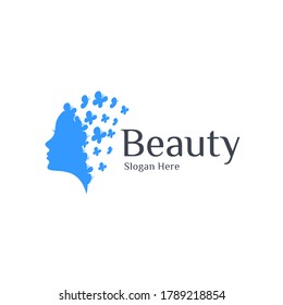 Woman face and butterfly logo concept. Beauty care or fashion design template. Vector illustrator