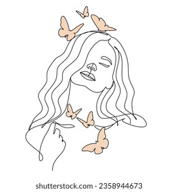 Woman face with butterfly one line. Vector.
