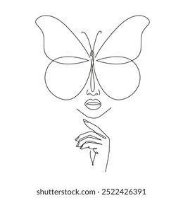 Woman Face with Butterfly One Line Drawing. Butterfly Abstract Line Art Illustration. Minimalist Trendy Contemporary Design for Wall Art, Prints, Social Media, Posters, Invitations, Branding Design.