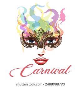 Woman face in carnival mask. Masquerade poster design template isolated vector illustration