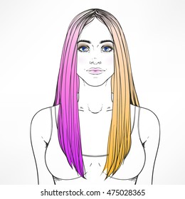 Woman face. Caucasian type of face. .Half Dyed Hair. Style trend. Hand fashion illustration. Vector isolated.  Professional hair Coloring. 