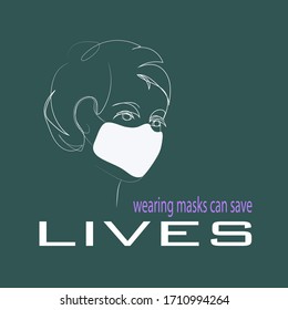 Woman face character wearing protective mask.  Coronavirus disease (COVID-19) advice for the public: wearing masks can save lives. Art line style.