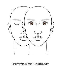 Woman face, close eye and open eye, for makeup practice, Practice board for face painting. vector illustraition.