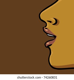 Woman face close up vector drawing, brown chocolate background, communication concept copy space