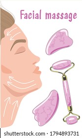 Woman  face with closed eyes and drawn massage lines, which is applied to the cream and facial massage is done. Tools for massage guasha and 
roller massage.  Skin care products for SPA, beauty concep