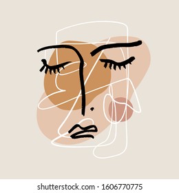 Woman Face Collage Abstract Warm Terracotta Nude Color Shapes Interior Poster Fashion Artistic Portrait Painted Illustration Silhouette Line Style Vector EPS