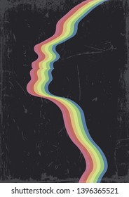 Woman Face Colorful Silhouette Vintage Colors Wavy Stripes, Grunge Texture 