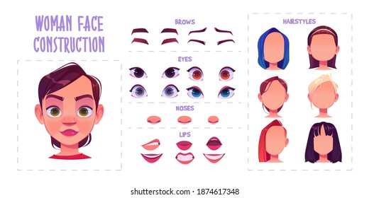 Woman face construction, avatar creation with different head parts isolated on white background. Vector cartoon set of female character eyes, noses, brows and lips. Skin pack for face generator