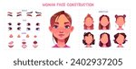 Woman face construction kit with cartoon facial parts for creation young female avatars with different nose and eyes, brows and hairstyles. Vector of girl head elements set for emotion generator.