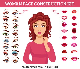 Woman face construction kit with eyes and lips makeup flat vector illustration 