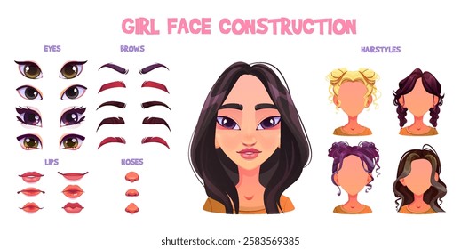 Woman face construction kit with facial elements - expressive eyes in various colors, eyebrow shapes, lip variations, nose options and diverse hairstyle choices for customizable character design.