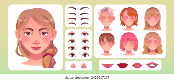 Woman face construction kit with various forms of eyes and brows, nose and lips, haircut for animation. Cartoon vector illustration set of girl head generator. Creation of female character avatar.