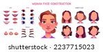 Woman face construction set. Avatar generator with different female hairstyles, blue, brown and green eyes, noses, brows and lips various shapes, vector cartoon set isolated on white background