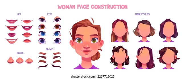 Woman face construction set. Avatar generator with different female hairstyles, blue, brown and green eyes, noses, brows and lips various shapes, vector cartoon set isolated on white background
